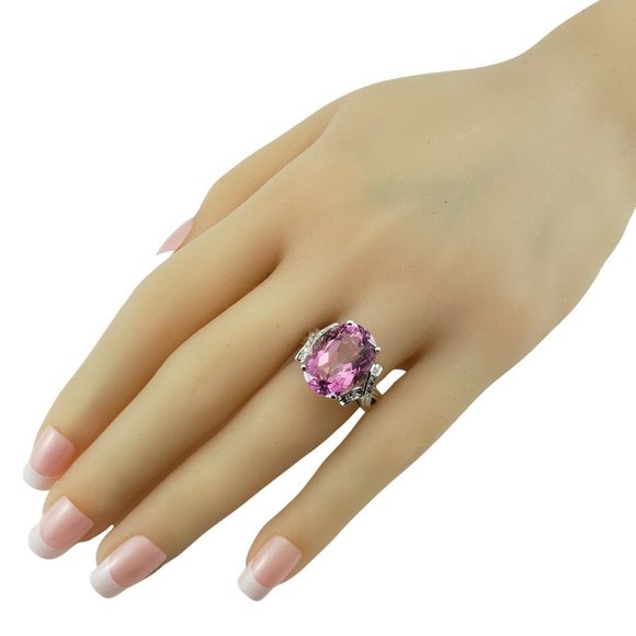 Vintage 14 Karat White Gold Pink Glass and Diamond Ring Size 6  #9935 - Picture 7 of 8